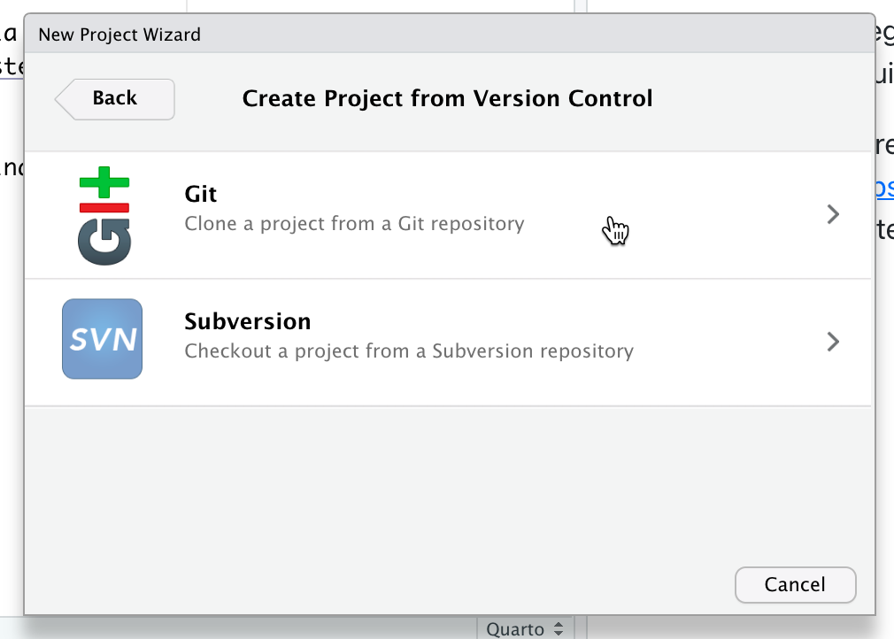 Paso 2: creación Proyecto RStudio clonando un repositorio Github usando "Git"