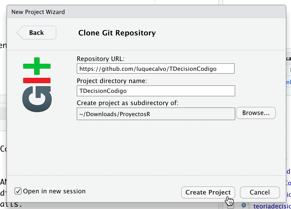 Paso 4: creación Proyecto RStudio clonando un repositorio Github se descargan en nuestro ordenador todos los ficheros del repositorio seleccionado.